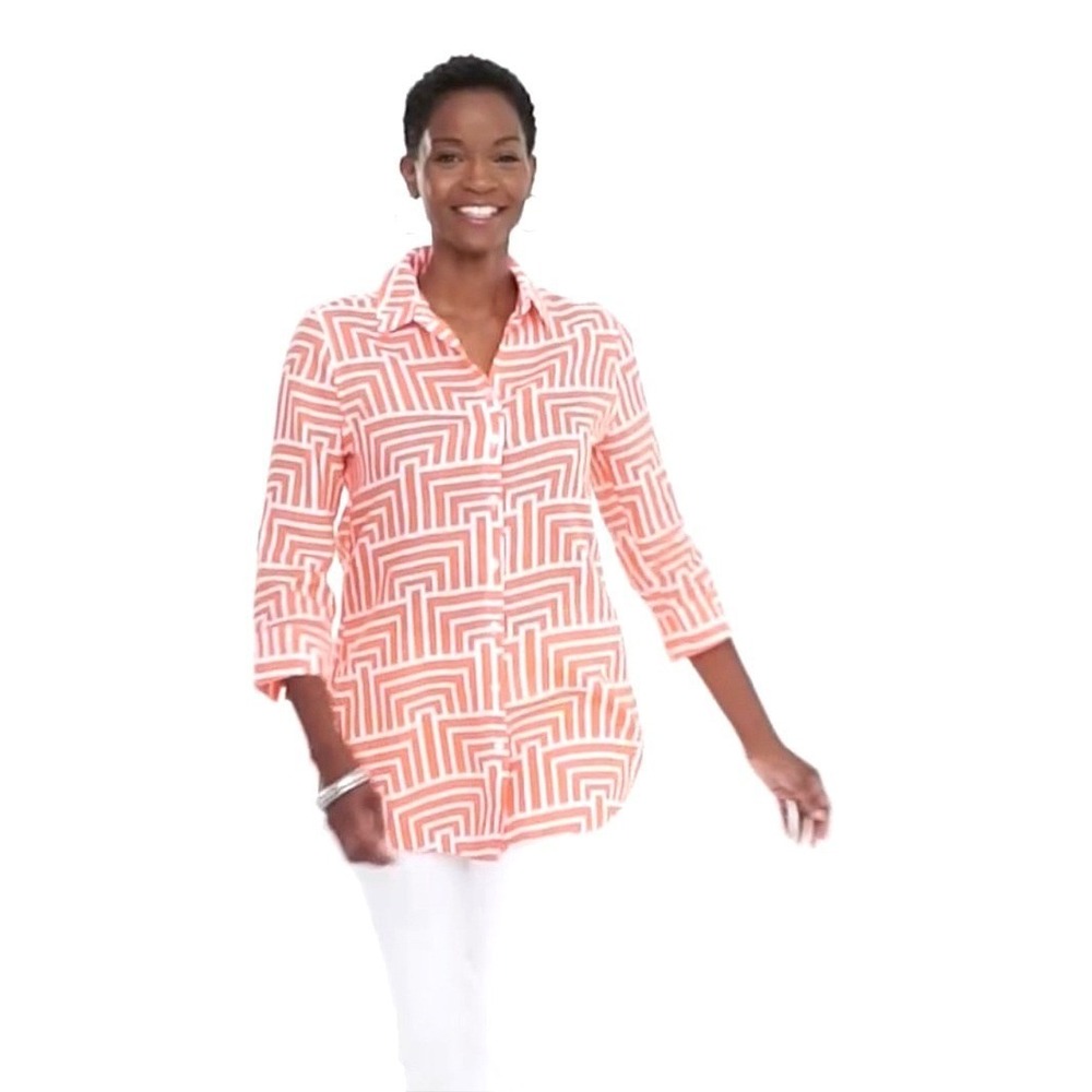 Chicos Linen No-Iron Orange White Preppy Capsule Geometric Button Shirt Size 1